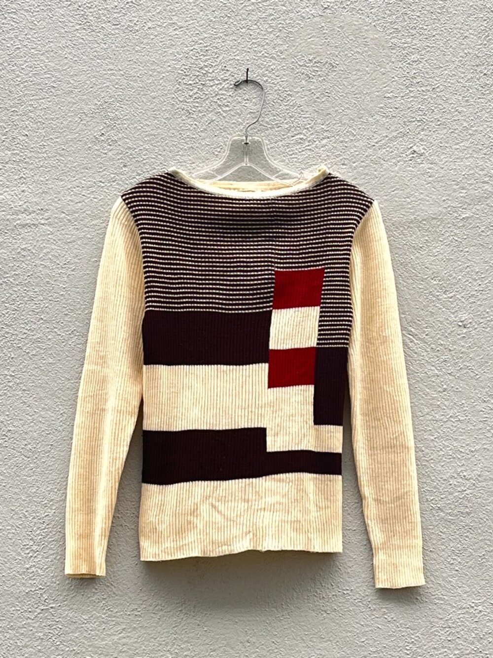 Vintage 70s Cream Mod Colorblock Geometric Ribbed Knit Pullover Sweater Small